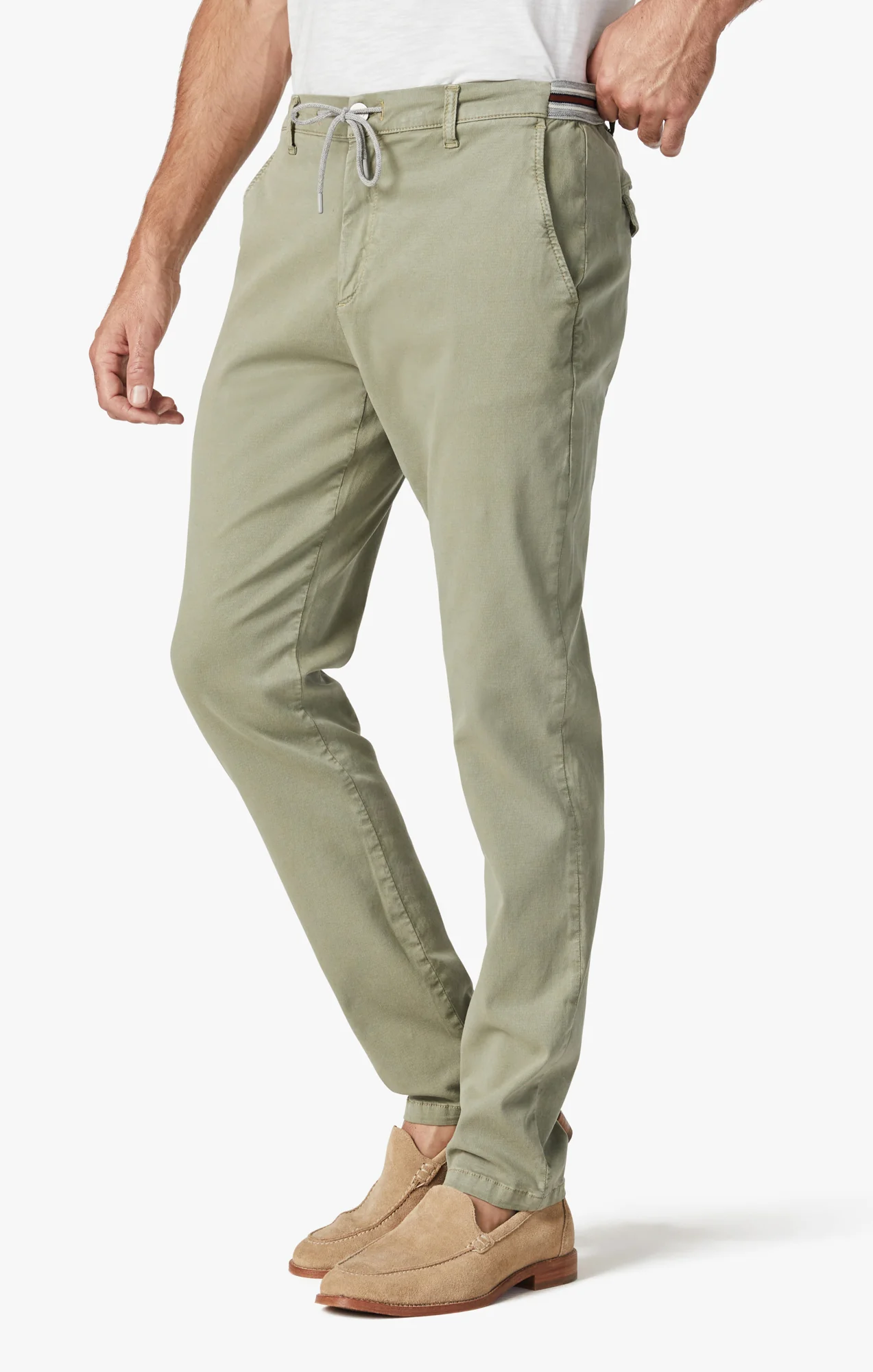 Formia Drawstring Chino Pants In Moss Green Soft Touch - Image 4